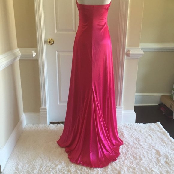 Fuchsia Pink Halter Satin Prom Dress - Picture 6 of 13